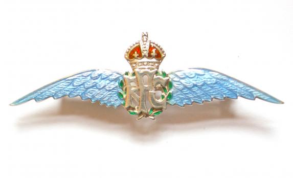 Royal Flying Corps pilot wing silver guilloche enamel RFC sweetheart brooch 