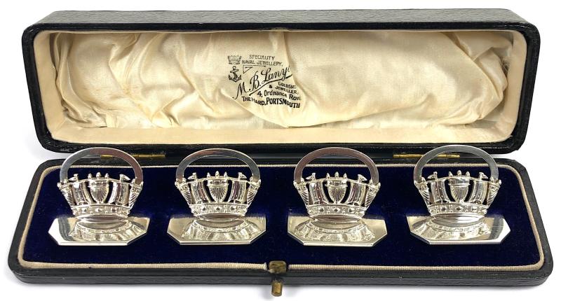 Royal Navy & Merchant Navy Nautical Crown 1927 Silver Menu Holders, John William Barrett