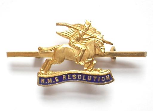 Royal Navy Ship HMS Resolution gilt and enamel sweetheart brooch