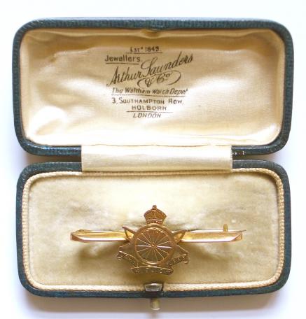 Army Cyclist Corps gold regimental sweetheart brooch in presentation case