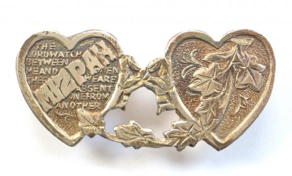 WW1 Conjoined Hearts Silver Mizpah Benediction Sweetheart Brooch.