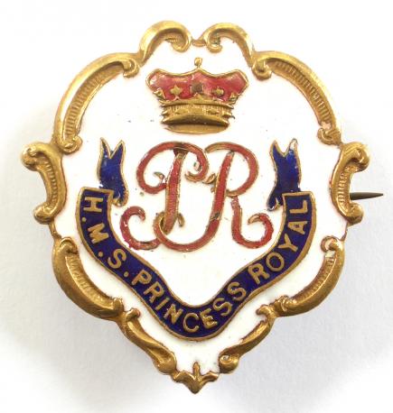 WW1 Royal Navy H.M.S. Princess Royal, White Faced Enamel Sweetheart Brooch.