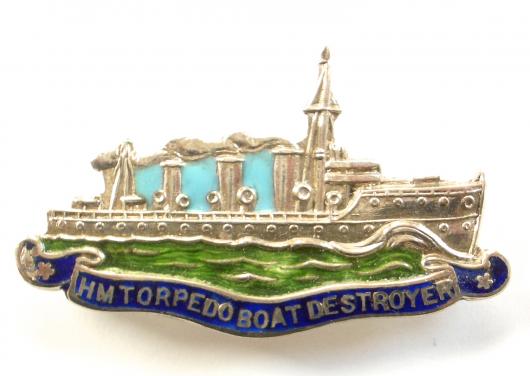 WW1 Royal Navy Ship, HM Torpedo Boat Destroyer, 1916 Hallmarked Silver & Enamel Sweetheart Brooch.