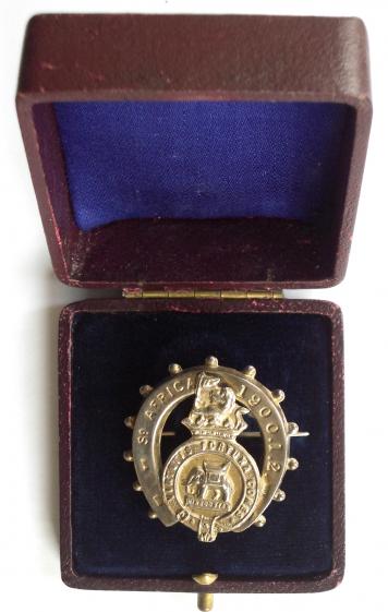 Duke of Wellington's (West Riding Regiment), 1905 Hallmarked Silver, South Africa 1900 Horseshoe Antique Regimental Brooch in Original Presentation Case.