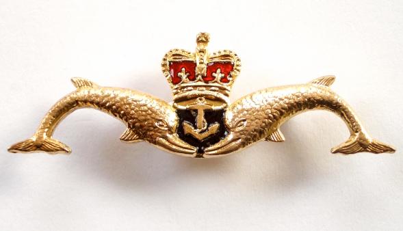 EIIR Royal Navy Submarine Service Gilt & Enamel Dolphin Anchor Brooch.