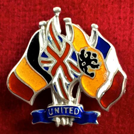 Britain France Belgium & Russia united allies 1914 silver patriotic flag brooch