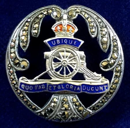 WW2 Royal Artillery Silver & Marcasite Regimental Sweetheart Brooch by Thomas Lynton Mott.