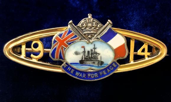 WW1 'The War For Peace 1914' Patriotic English, French Flag Royal Navy Battleship Gold & Enamel Brooch.