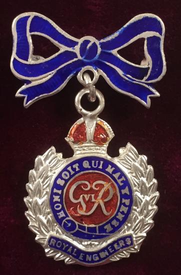 WW2 Royal Engineers Silver & Enamel Bow Suspended Sweetheart Brooch.