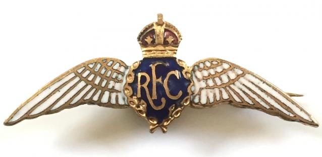 WW1 'Royal Flying Corps' Pilot's Wing, Gilt & Enamel Antique RFC Sweetheart Brooch.