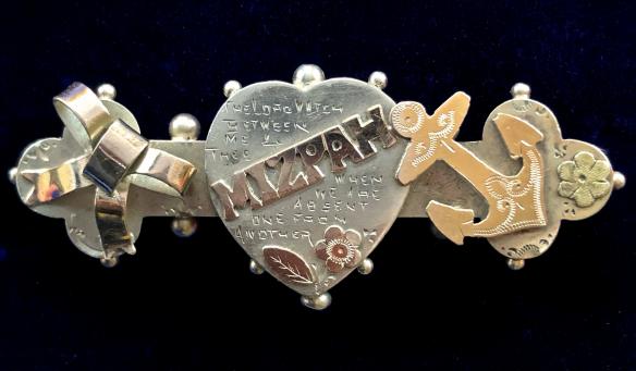 Faith, Hope and Charity 1908 Hallmarked Silver Mizpah Heart Edwardian Antique Sweetheart Brooch.