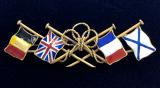 WW1 Britain France Belgium & Imperial Russia Navy allies flags gold brooch