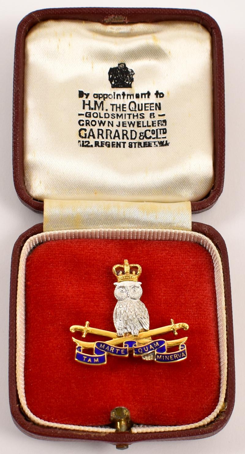 British Army Staff College Camberley 1964 gold & enamel regimental brooch by Garrard & Co.