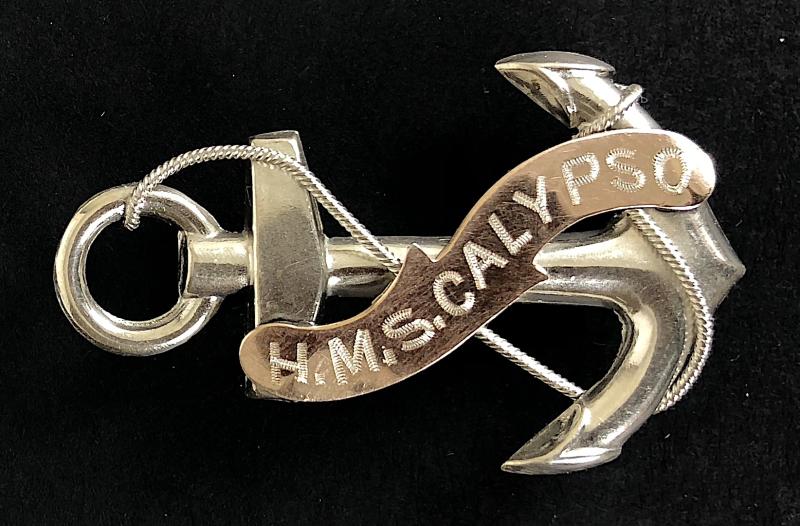 Royal Navy HMS Calypso 1917 silver anchor pin badge sunk 1940